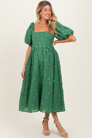 Forest Green Embroidered Floral Puff Sleeve Maternity Midi Dress
