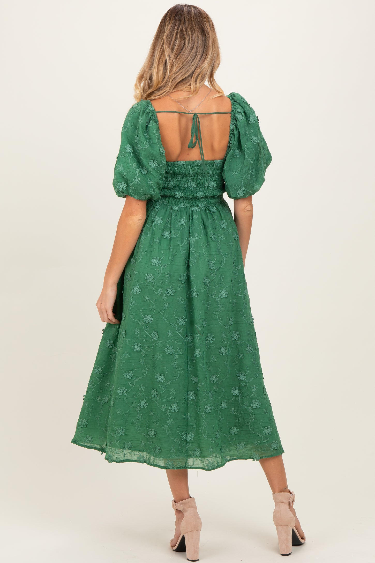 Forest Green Embroidered Floral Puff Sleeve Maternity Midi Dress