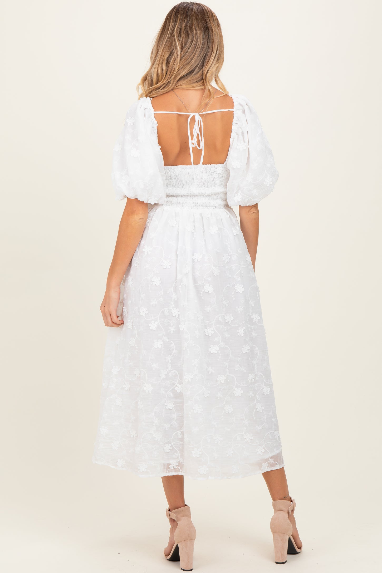 Ivory Embroidered Floral Puff Sleeve Maternity Midi Dress