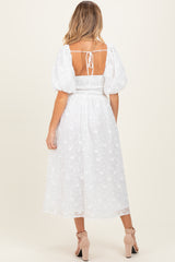 Ivory Embroidered Floral Puff Sleeve Maternity Midi Dress