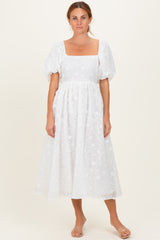 Ivory Embroidered Floral Puff Sleeve Midi Dress