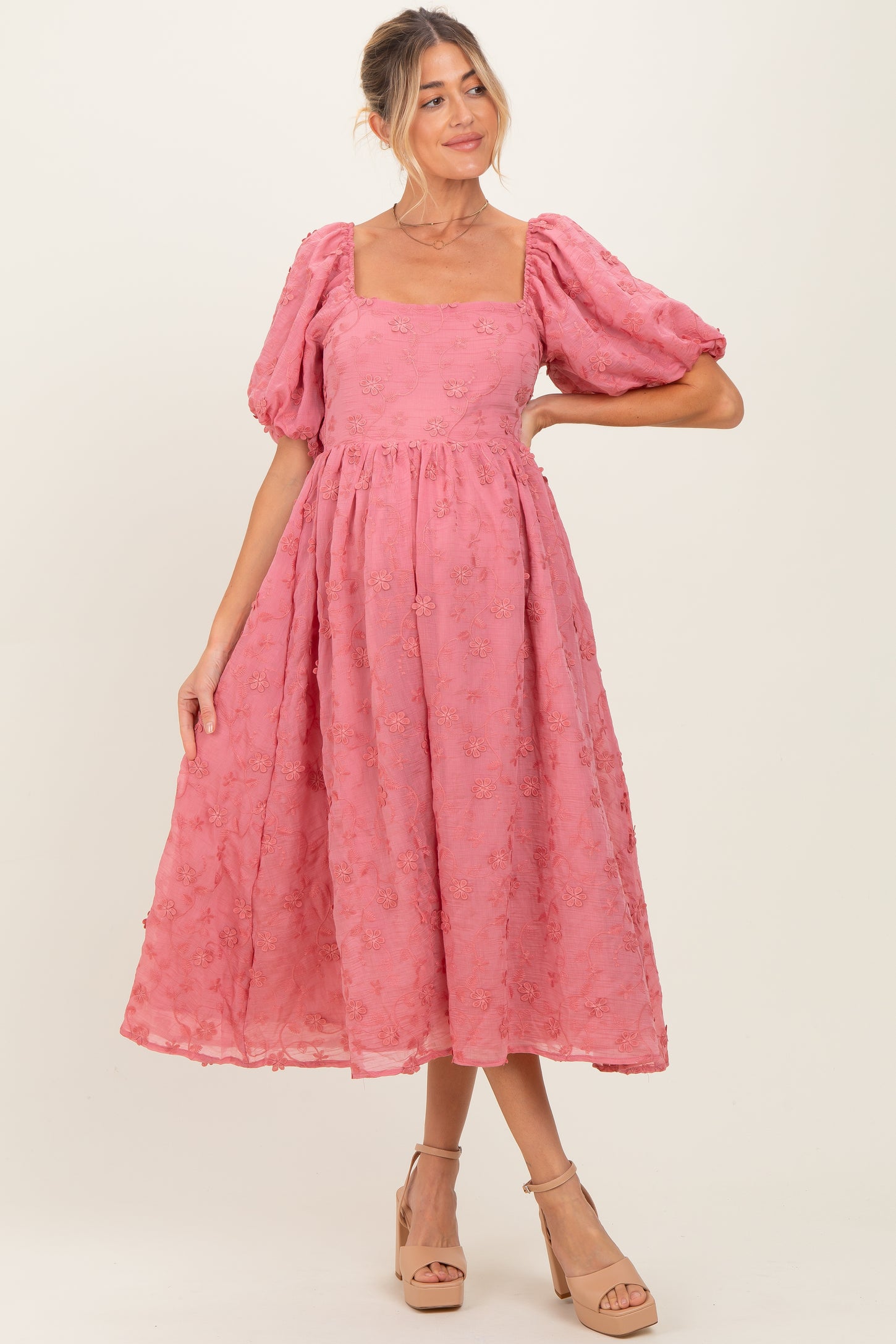 Mauve Embroidered Floral Puff Sleeve Maternity Midi Dress