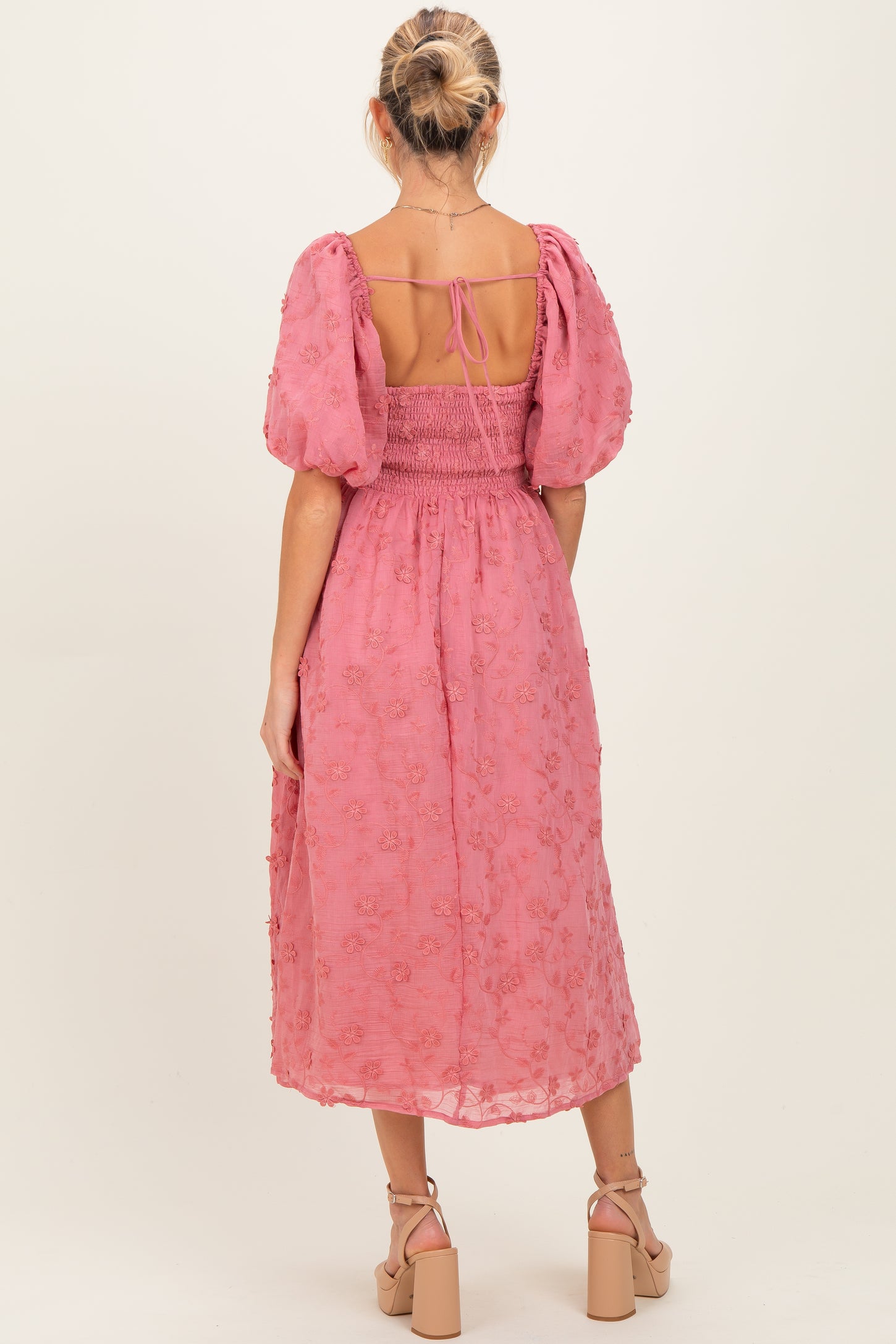 Mauve Embroidered Floral Puff Sleeve Maternity Midi Dress
