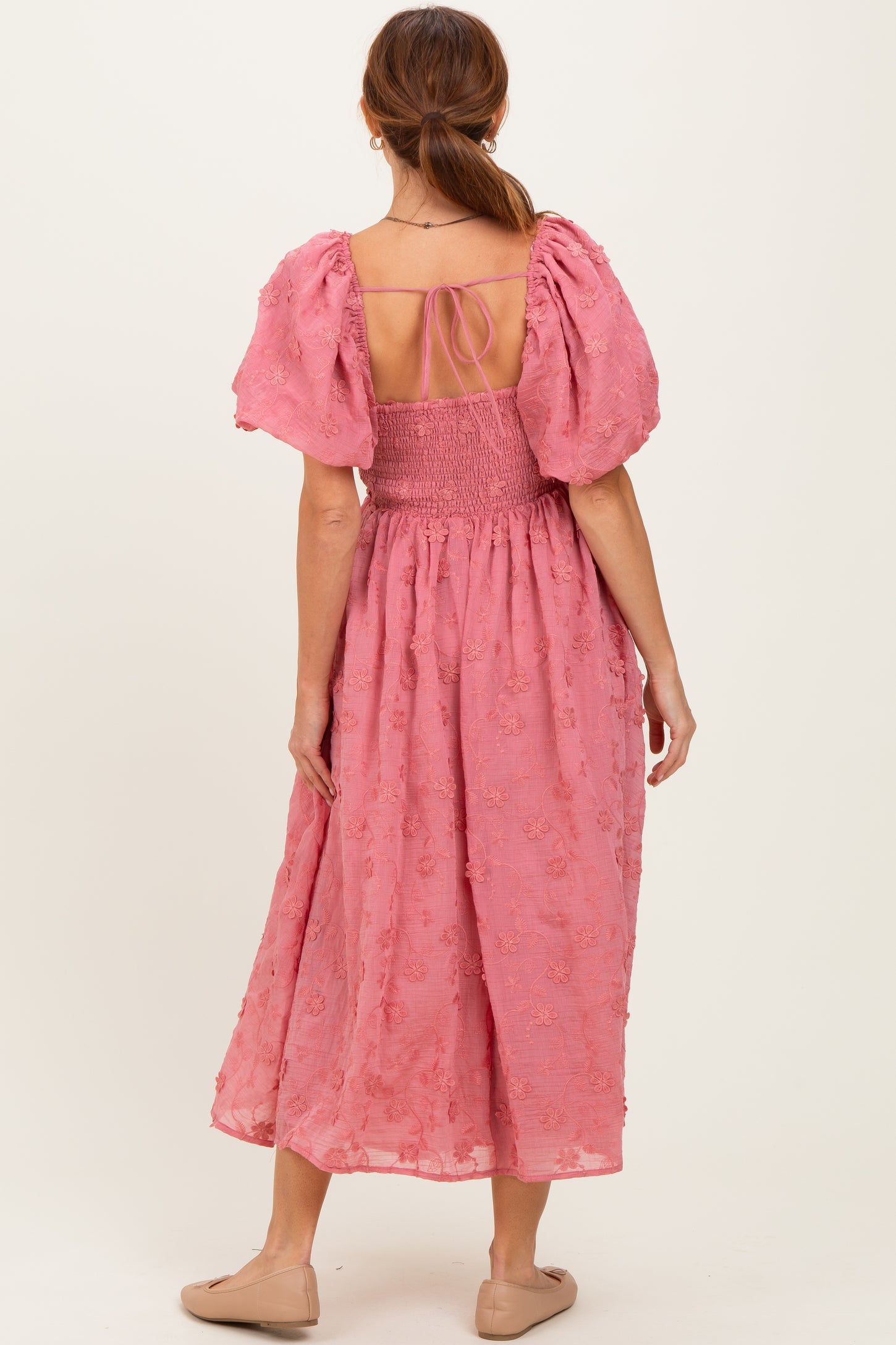 Mauve Embroidered Floral Puff Sleeve Midi Dress
