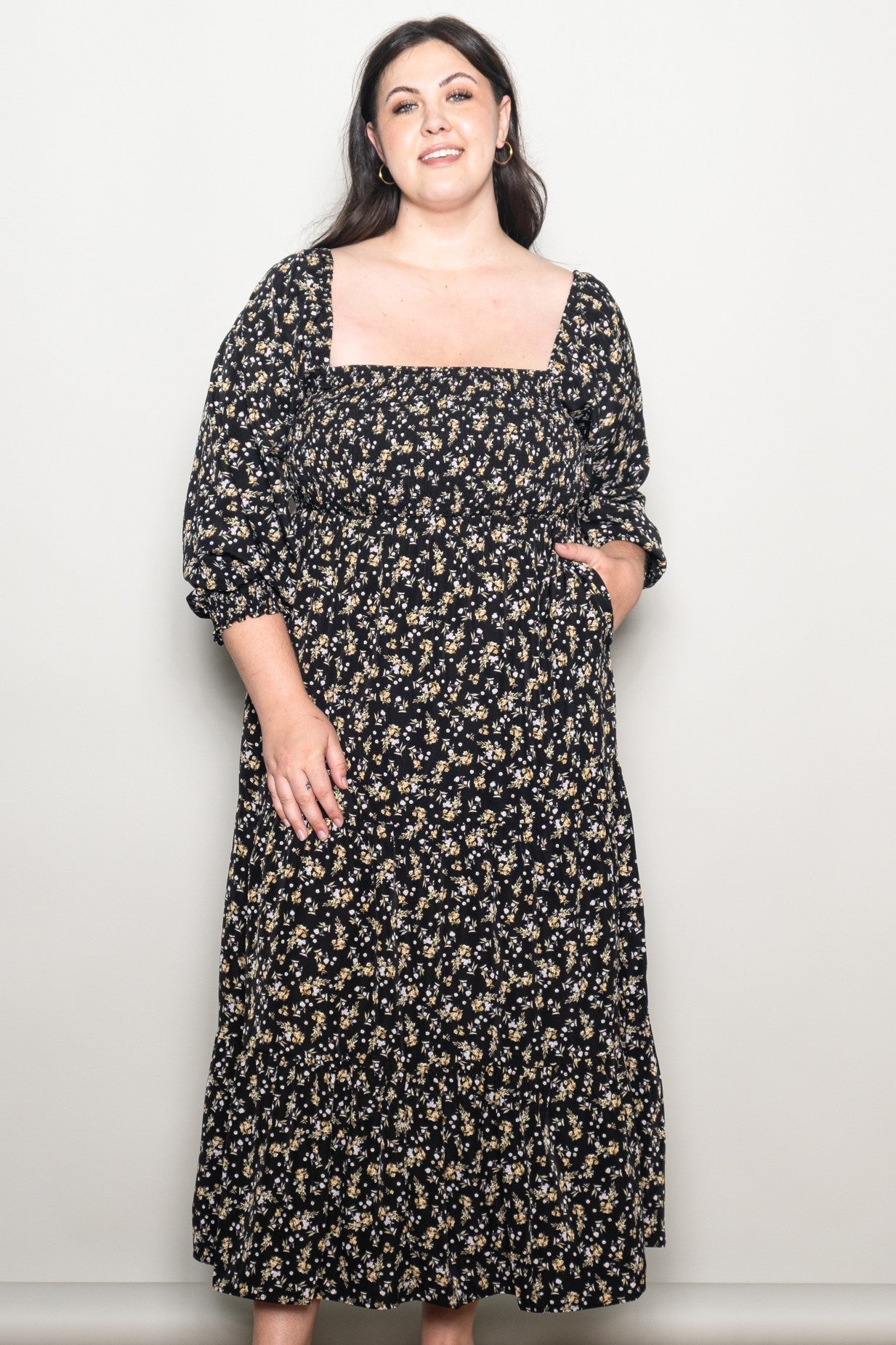 Black Floral Smocked Long Sleeve Maternity Plus Maxi Dress