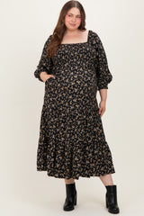 Black Floral Smocked Long Sleeve Maternity Plus Maxi Dress