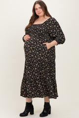 Black Floral Smocked Long Sleeve Maternity Plus Maxi Dress