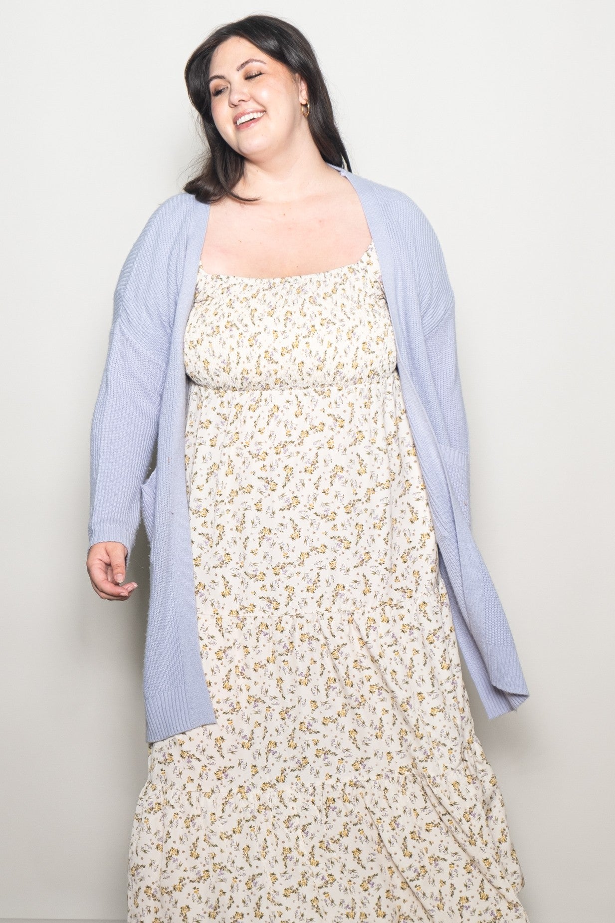 Cream Floral Smocked Long Sleeve Plus Maxi Dress