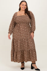 Mocha Floral Smocked Long Sleeve Maternity Plus Maxi Dress