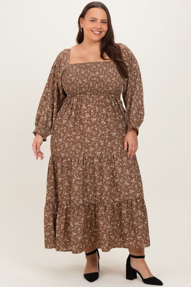 Mocha Floral Smocked Long Sleeve Plus Maxi Dress