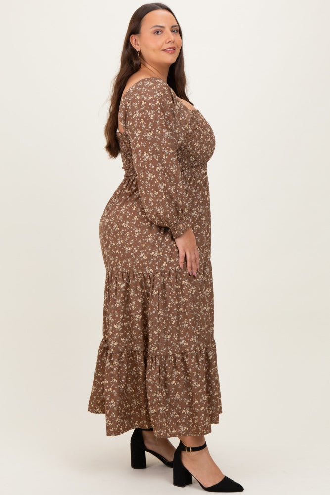 Mocha Floral Smocked Long Sleeve Plus Maxi Dress