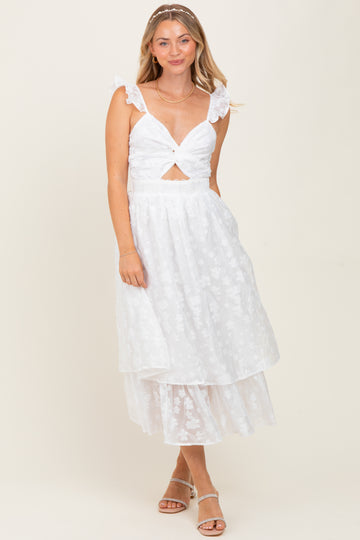 White Embroidered Twist Front Cutout Midi Dress