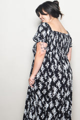 Black Floral Smocked Sweetheart Neckline Plus Midi Dress