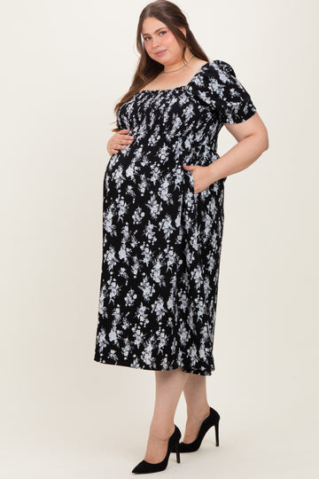 Black Floral Smocked Sweetheart Neckline Maternity Plus Midi Dress