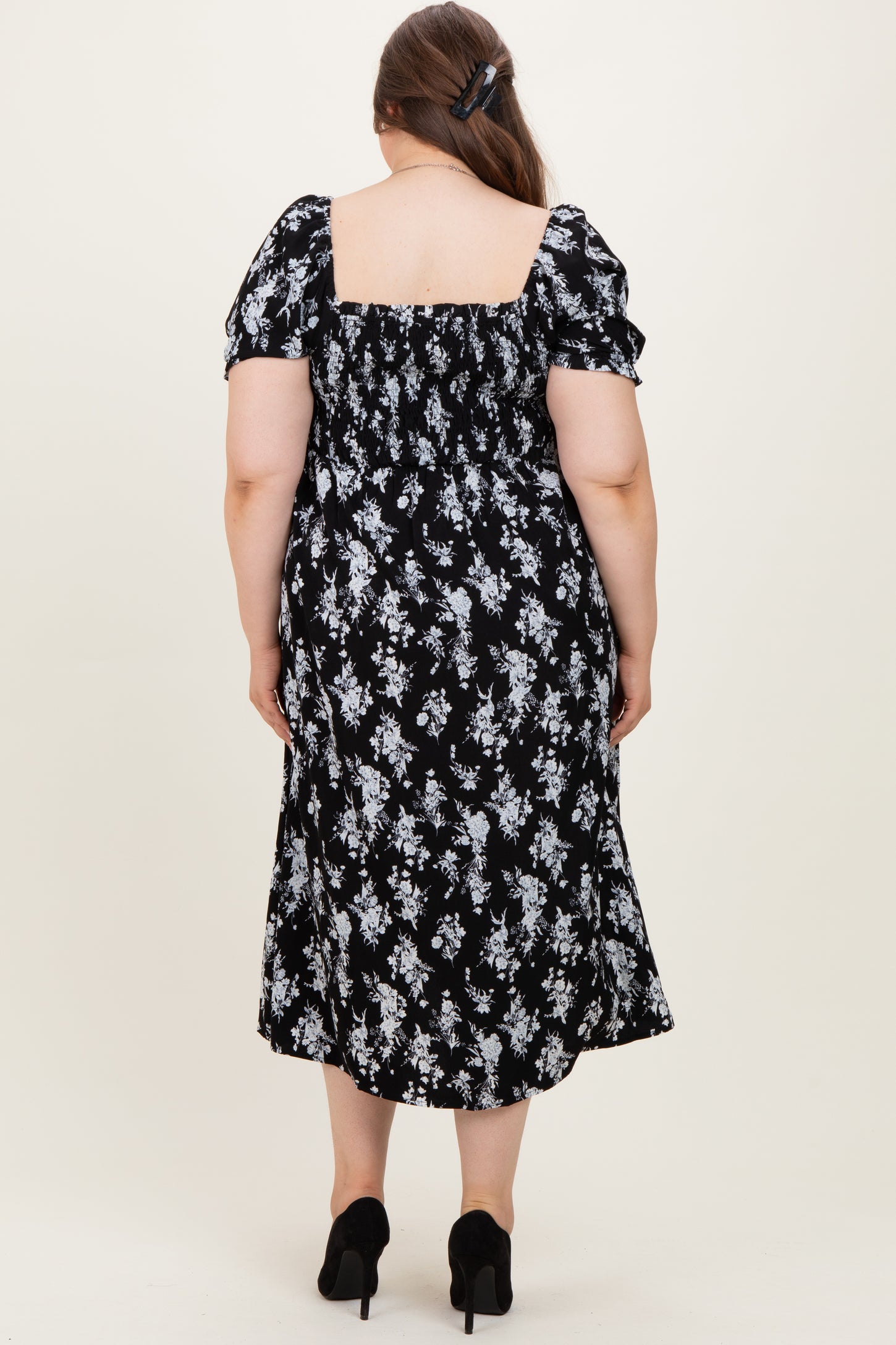 Black Floral Smocked Sweetheart Neckline Maternity Plus Midi Dress