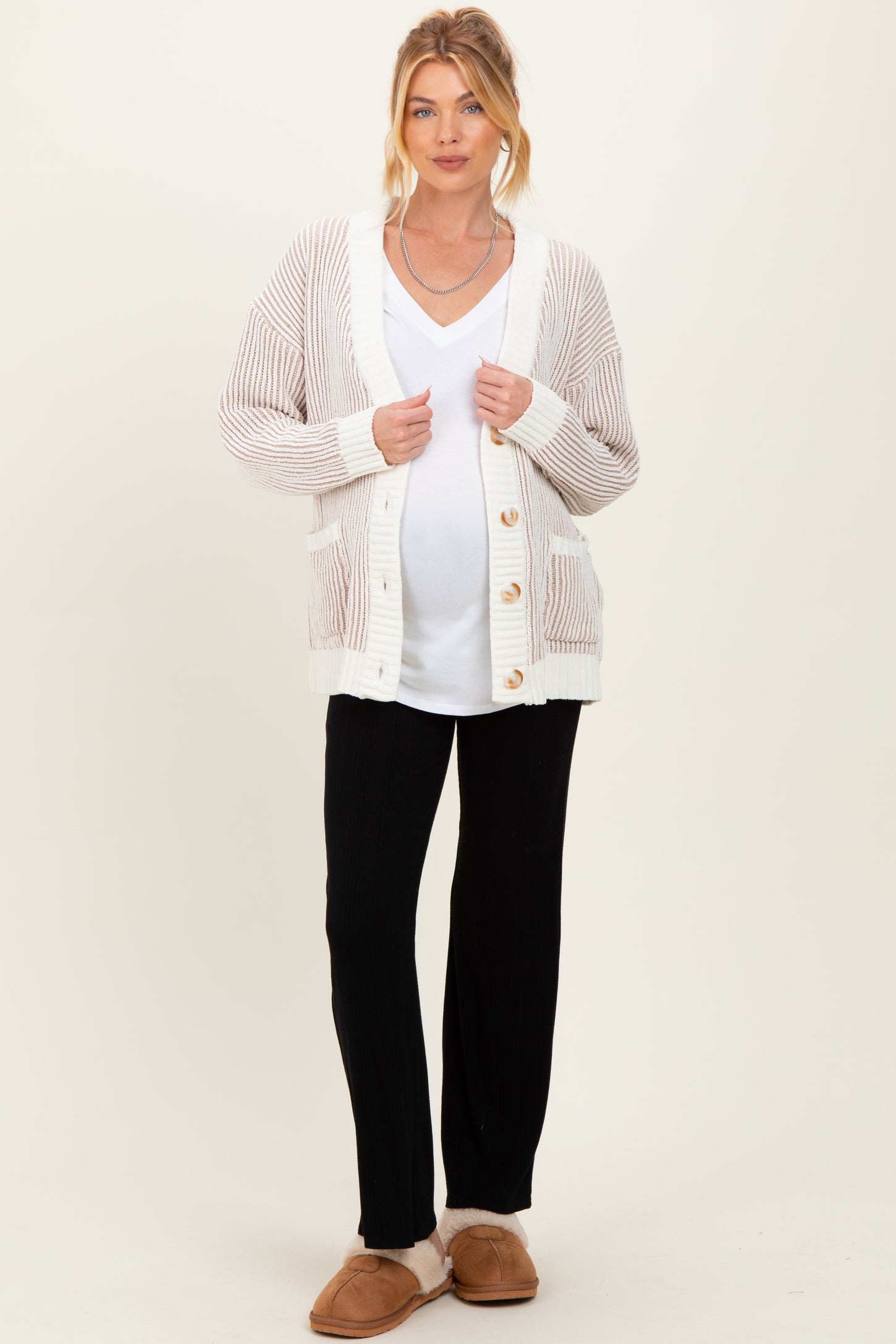 Taupe Two Tone Stripe Contrast Oversized Maternity Sweater Cardigan