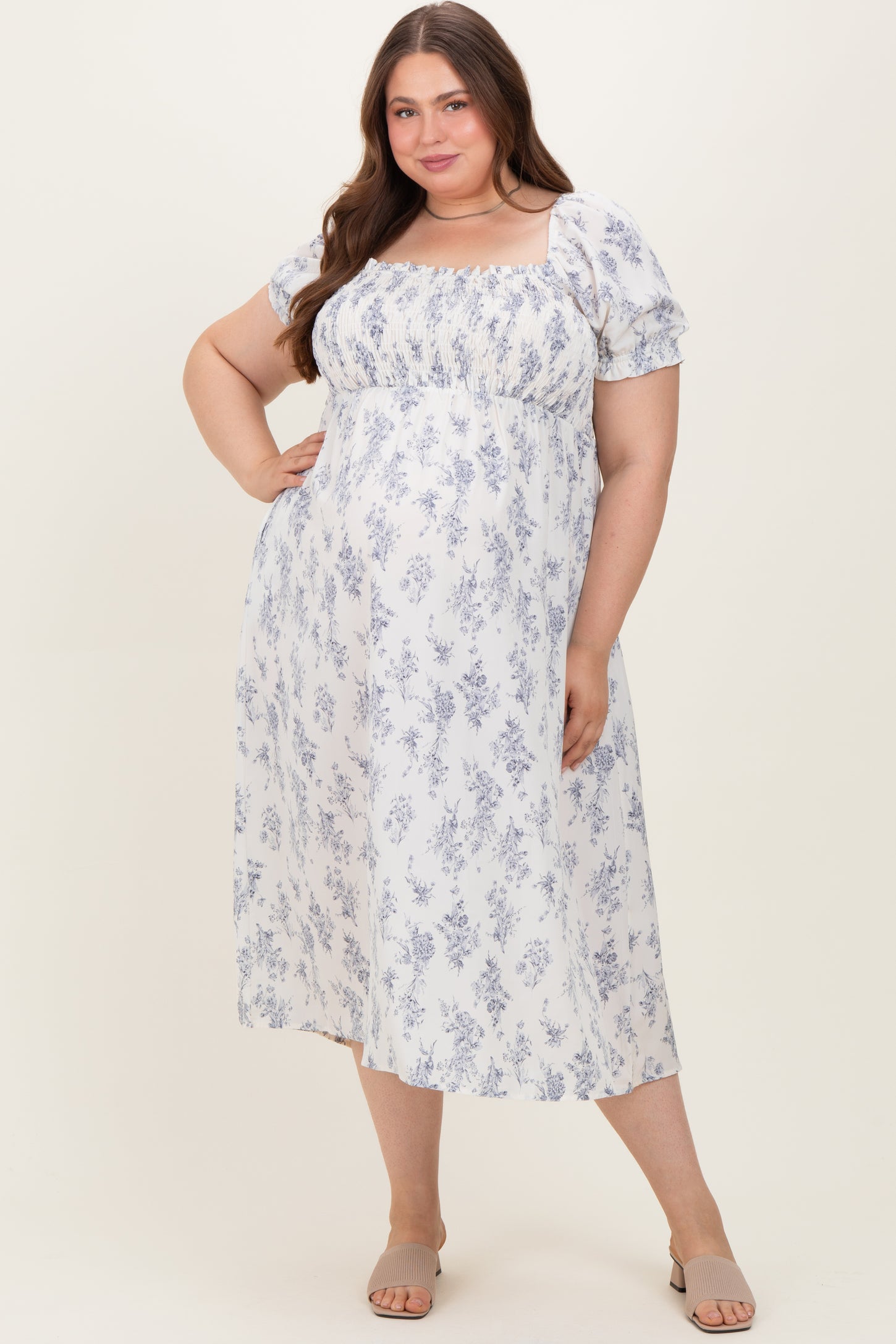 Ivory Floral Smocked Sweetheart Neckline Maternity Plus Midi Dress