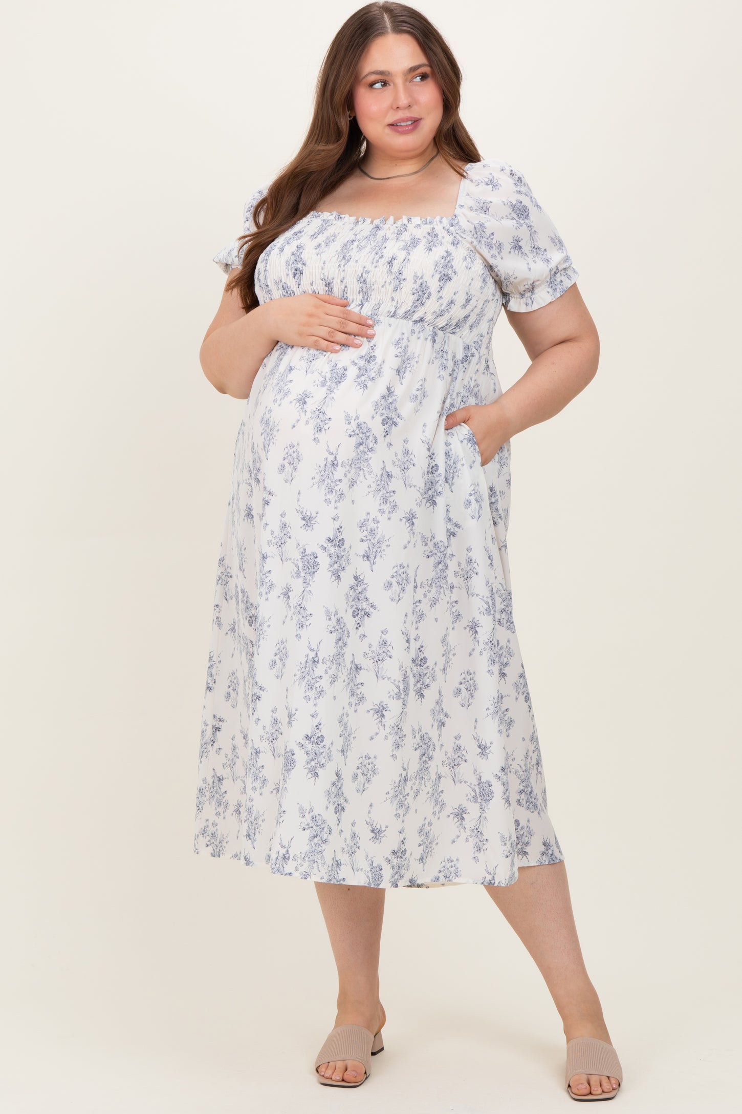 Ivory Floral Smocked Sweetheart Neckline Maternity Plus Midi Dress