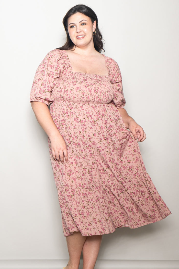Pink Floral Smocked Maternity Plus Midi Dress