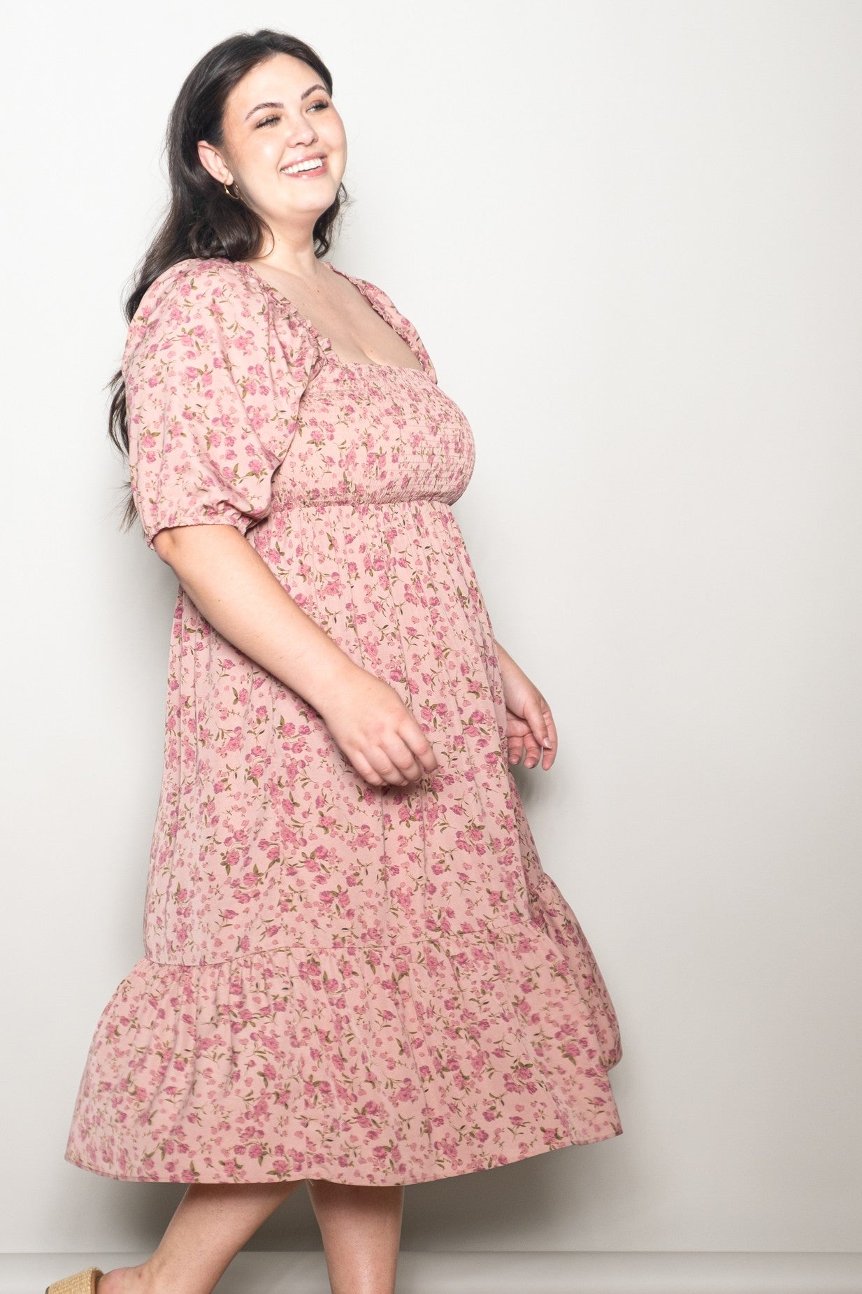 Pink Floral Smocked Plus Midi Dress