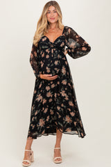 Black/Peach Floral Knotted Bust Chiffon Maternity Midi Dress