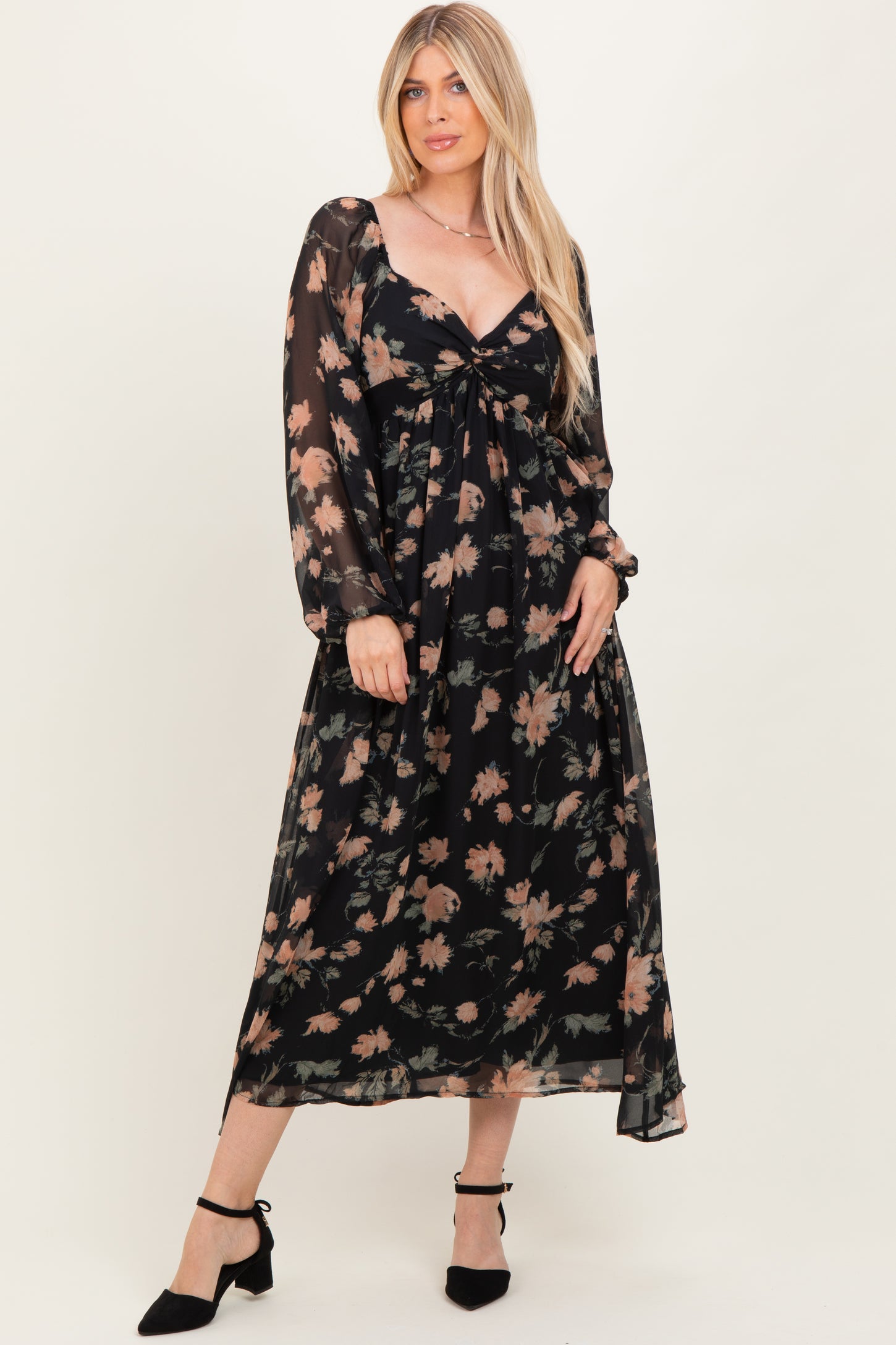 Black/Peach Floral Knotted Bust Chiffon Maternity Midi Dress