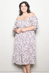 Cream Floral Smocked Plus Midi Dress