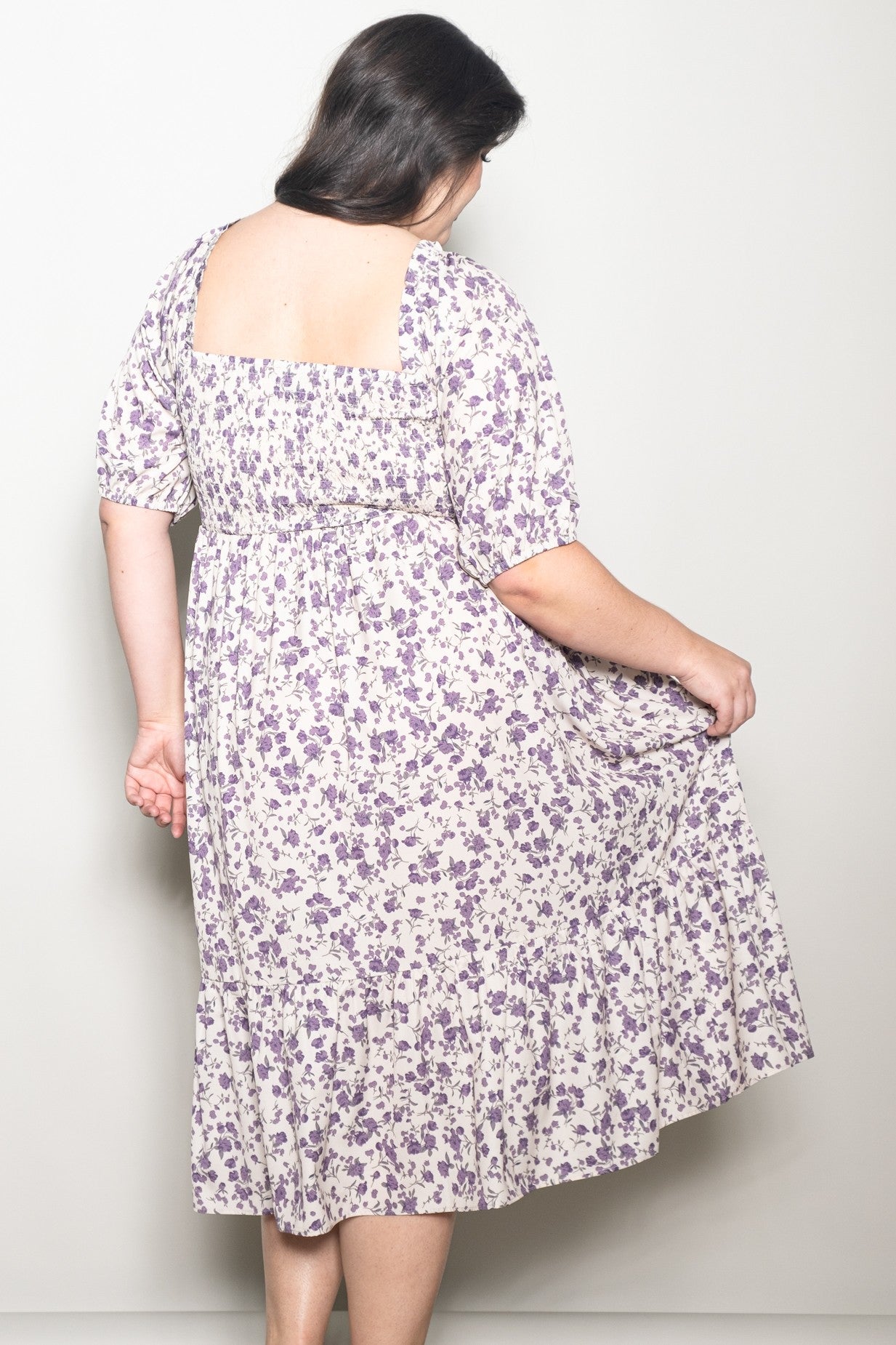 Cream Floral Smocked Plus Midi Dress