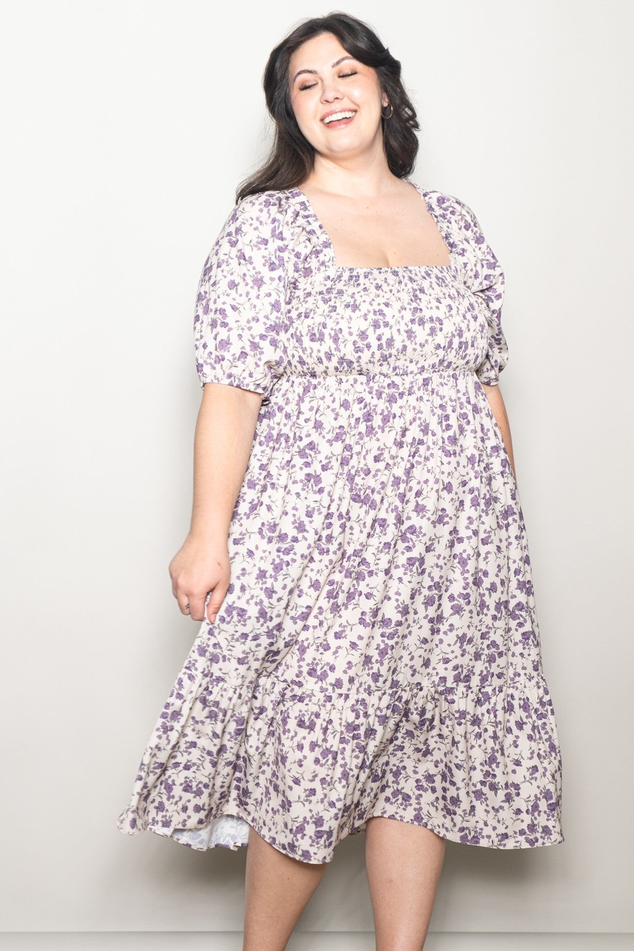 Cream Floral Smocked Maternity Plus Midi Dress