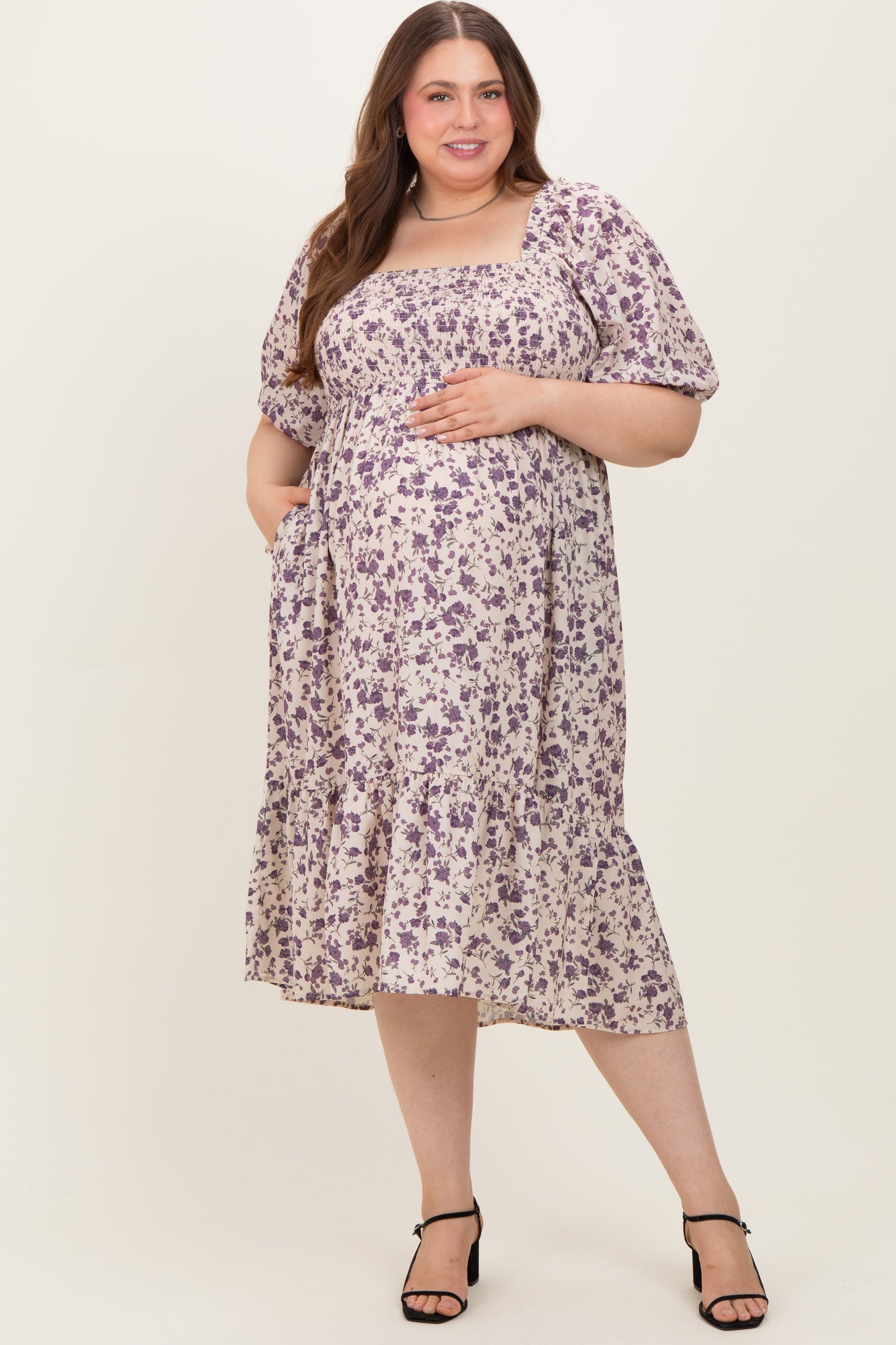 Cream Floral Smocked Maternity Plus Midi Dress