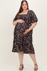 Black Floral Smocked Maternity Plus Midi Dress