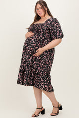 Black Floral Smocked Maternity Plus Midi Dress