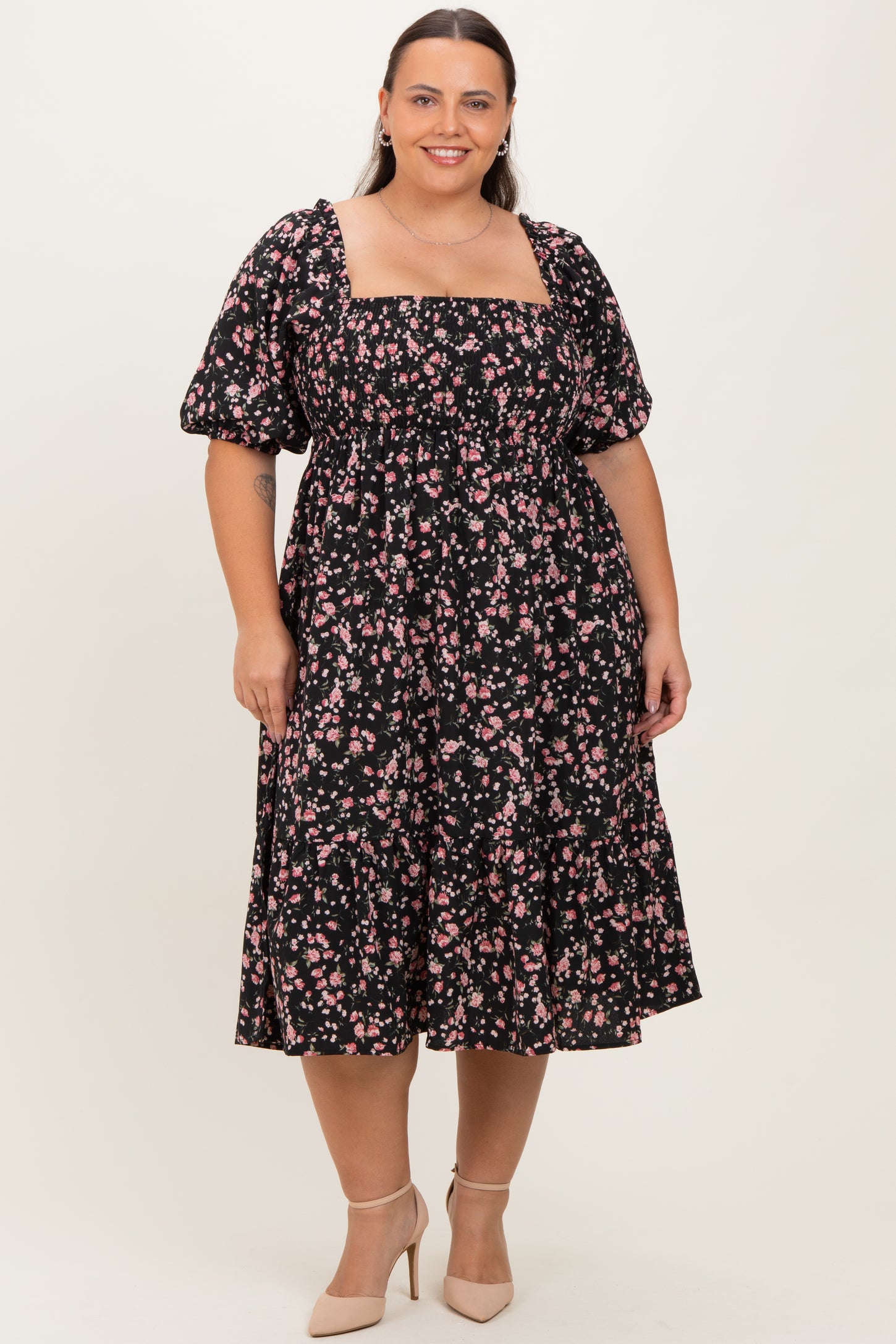 Black Floral Smocked Plus Midi Dress