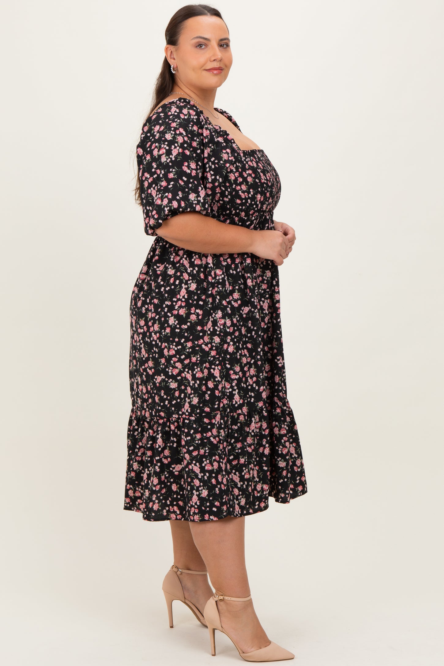 Black Floral Smocked Plus Midi Dress