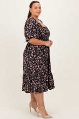 Black Floral Smocked Plus Midi Dress
