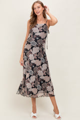 Black Rose Print Mesh Sleeveless Maternity Midi Dress