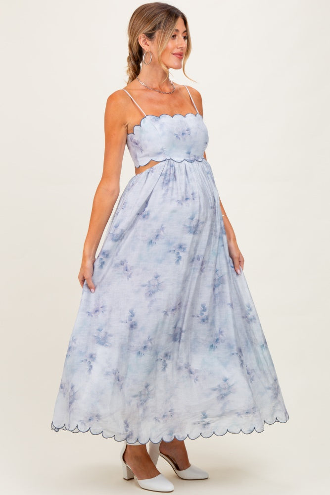 Blue Faded Floral Scallop Edge Cutout Maternity Midi Dress