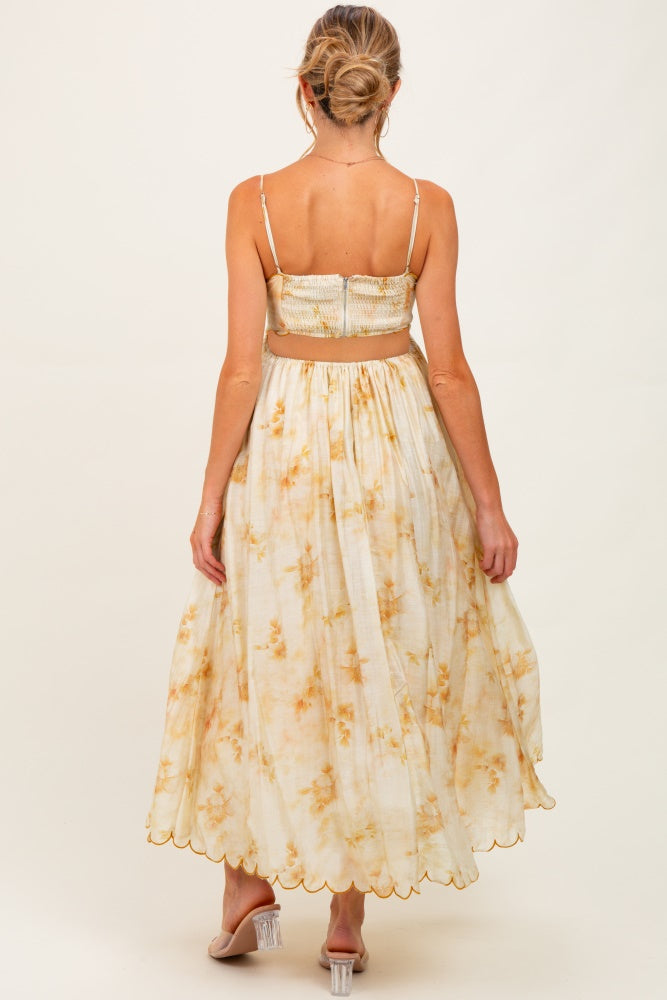 Yellow Faded Floral Scallop Edge Cutout Maternity Midi Dress