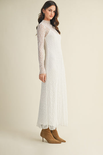White Lace Mock Neck Long Sleeve Maxi Dress