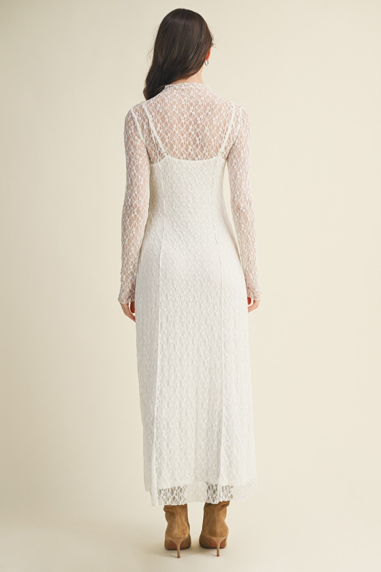 White Lace Mock Neck Long Sleeve Maxi Dress