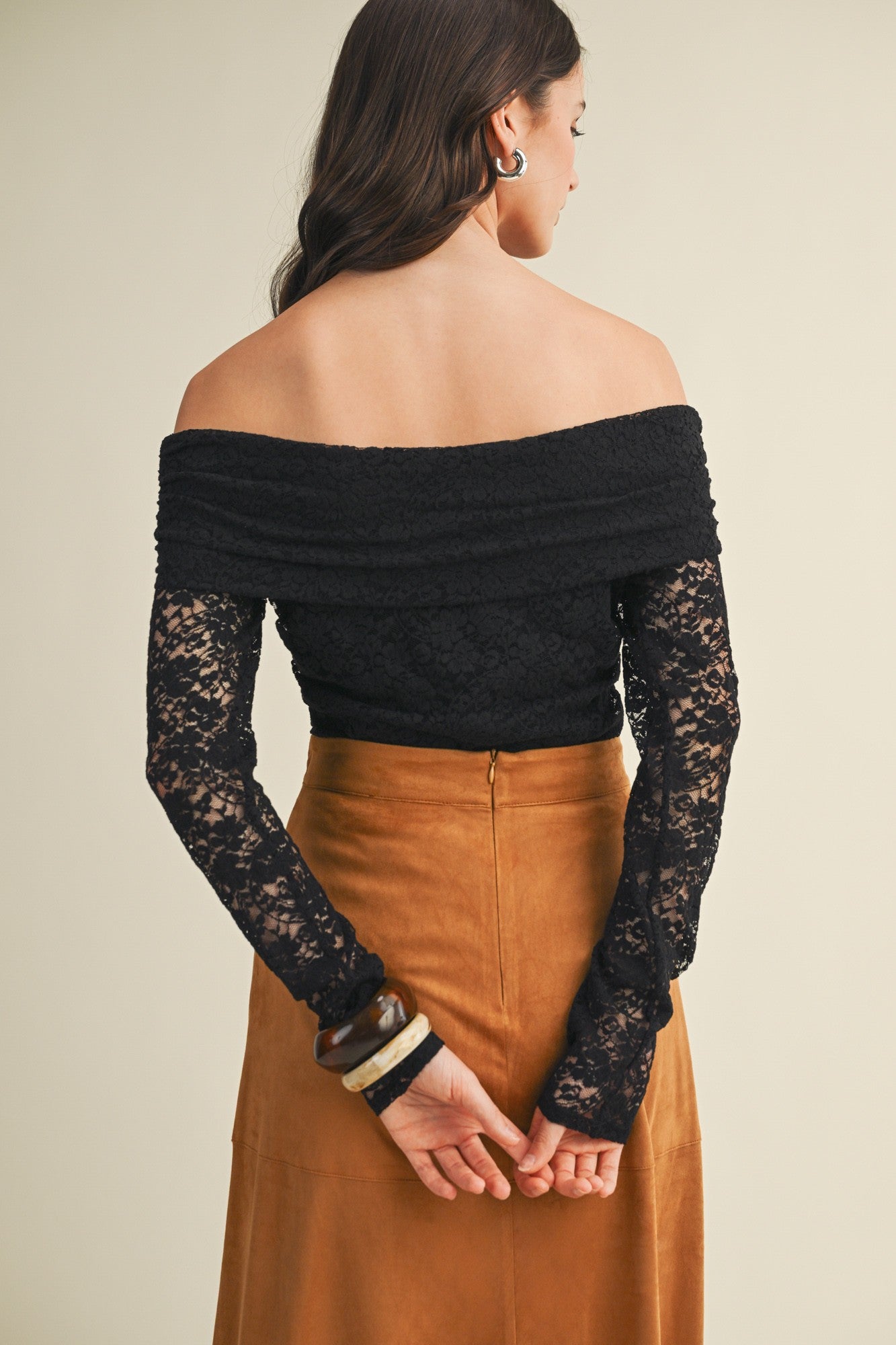 Black Lace Off Shoulder Long Sleeve Top