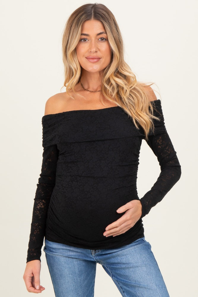 Black Lace Off Shoulder Long Sleeve Maternity Top