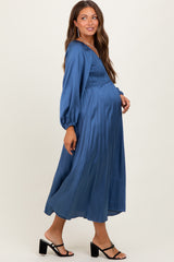 Blue Satin Smocked Pleated Maternity Midi Dress