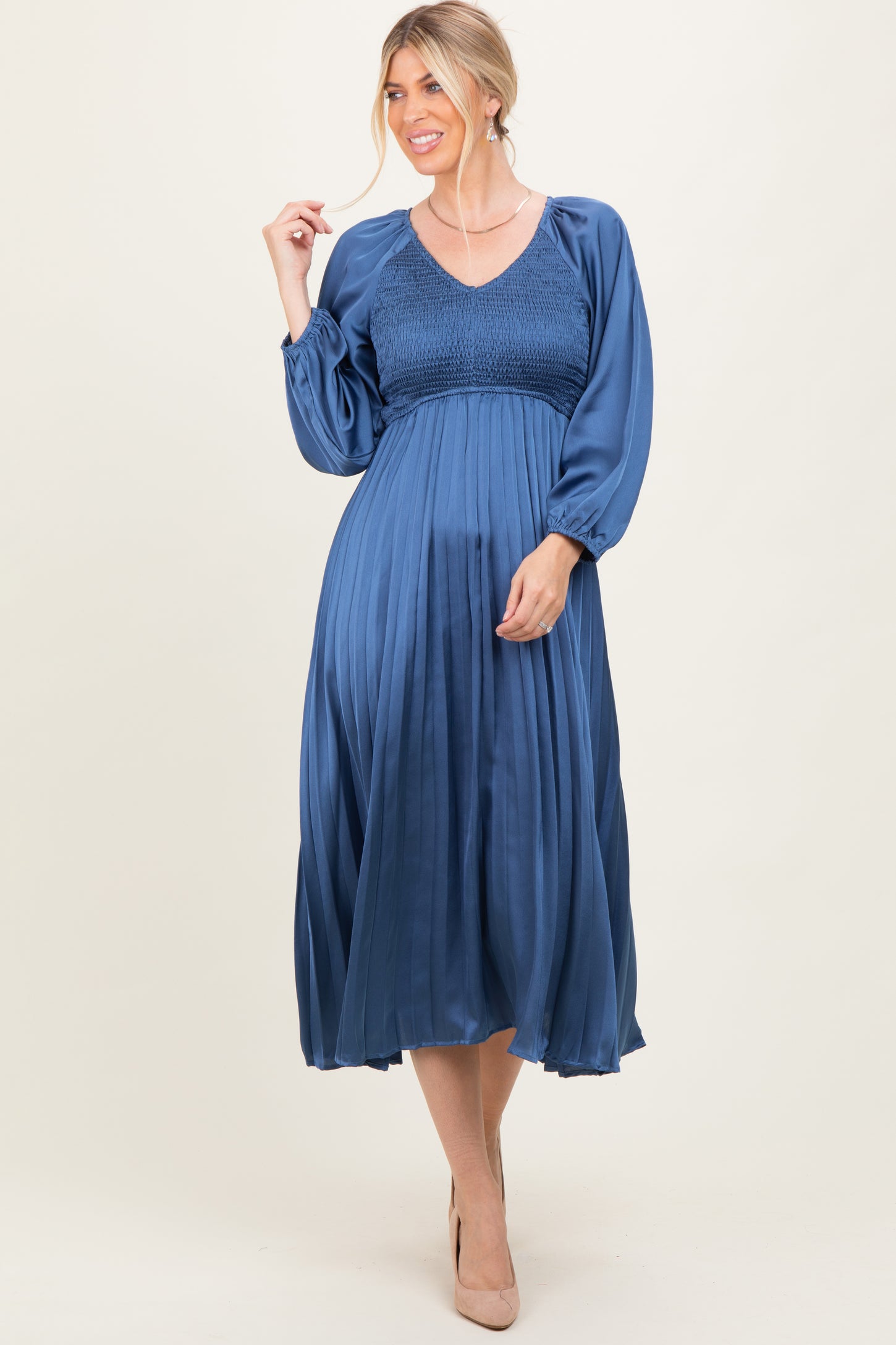 Blue Satin Smocked Pleated Midi Dress