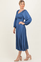 Blue Satin Smocked Pleated Midi Dress