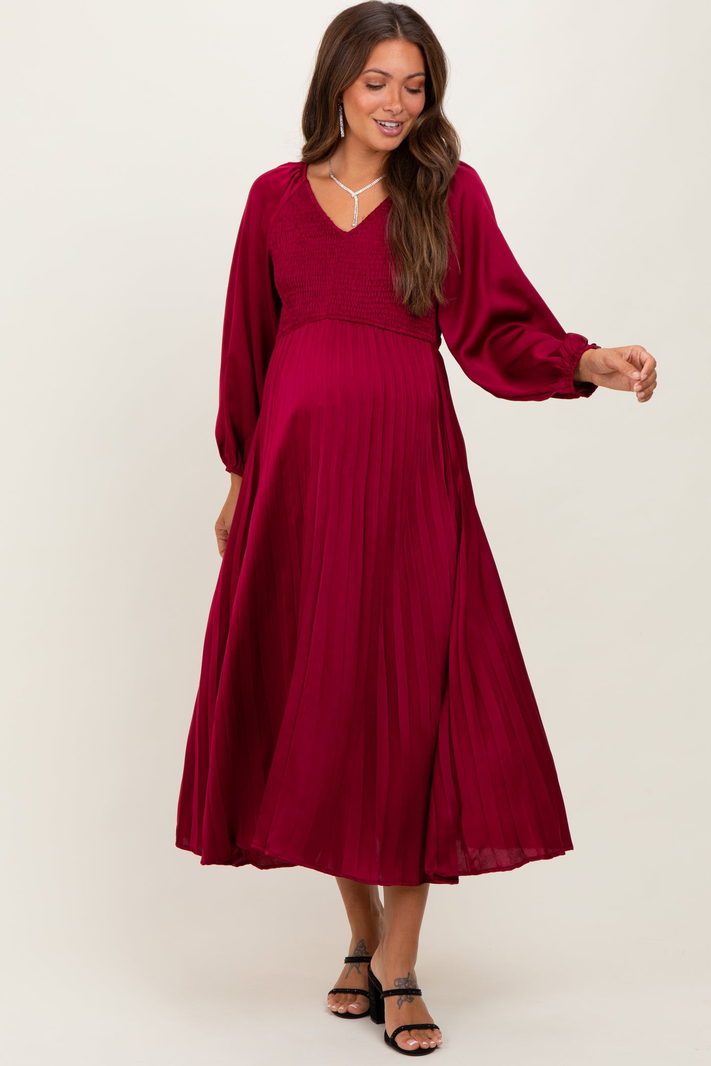 Burgundy Satin Smocked Pleated Maternity Midi Dress