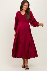 Burgundy Satin Smocked Pleated Maternity Midi Dress
