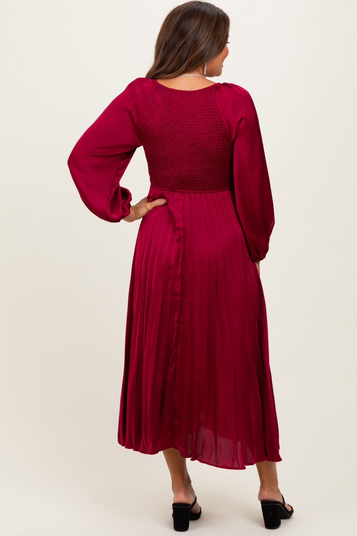Burgundy Satin Smocked Pleated Maternity Midi Dress