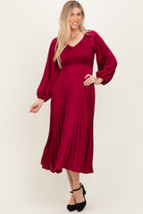 Burgundy Satin Smocked Pleated Midi Dress