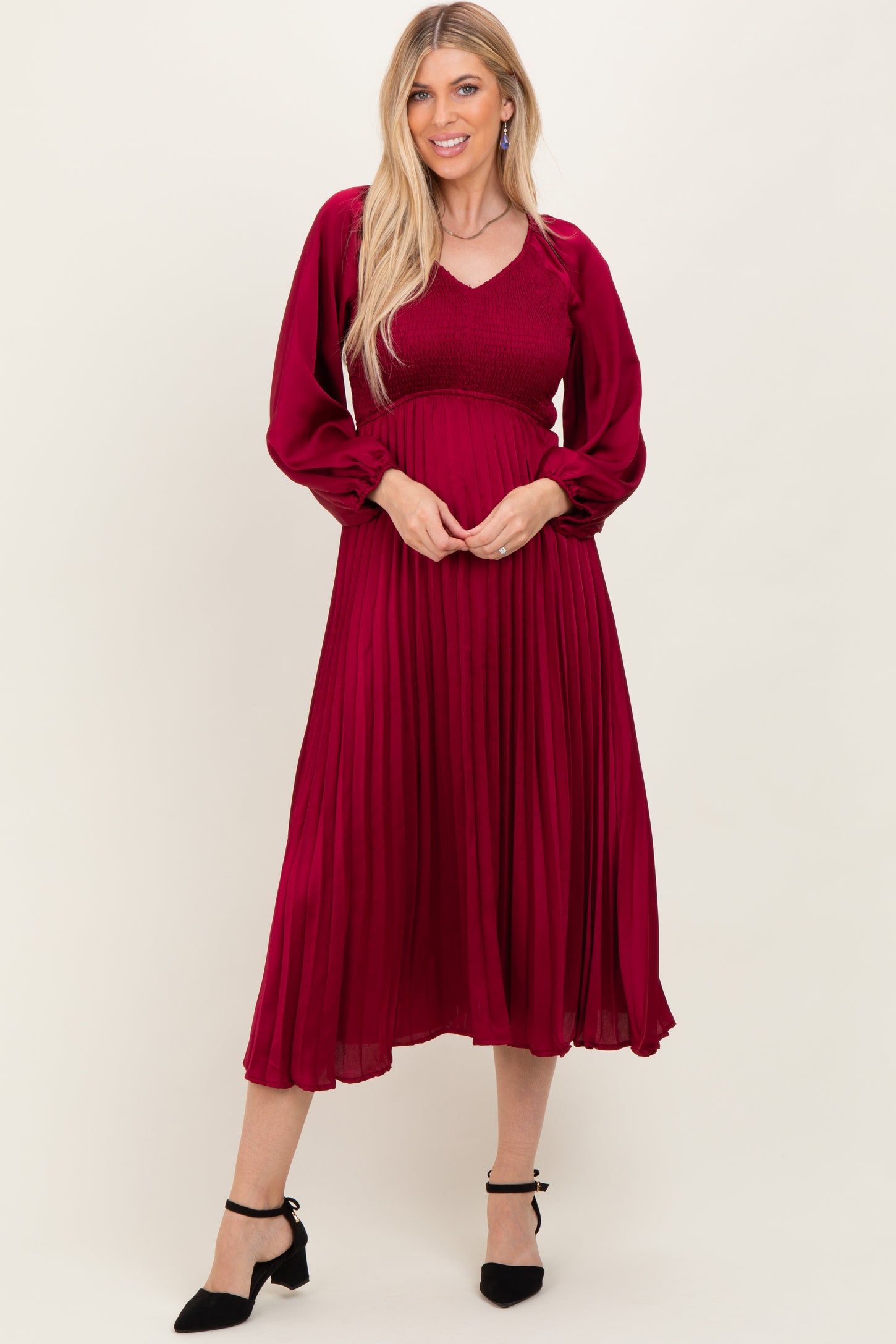Burgundy Satin Smocked Pleated Midi Dress